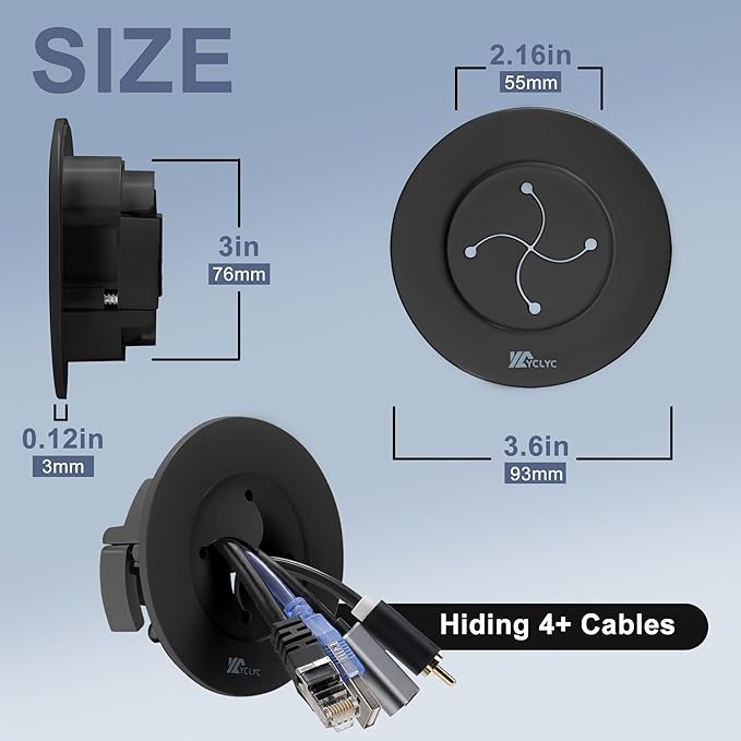 Wire Hiders for TV on Wall, 3in Black in Wall Cable Management Kit, YCLYC Cable Hider Wall Grommets for Cables, Wire Hider Wall to Install Includes 4 Pass Brackets and 1 Hole Saw Drill