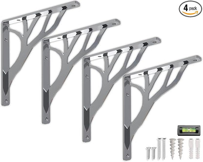 Rustic Tree Chrome Heavy Duty Shelf Brackets 8 inch by Balin Designs, Silver Decorative L Brackets, Iron Metal Floating Shelf Bracket, Wall Mount Shelving Bracket, Included Hardware, Set of 4