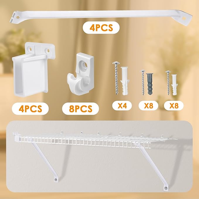 Wire Shelf Bracket Kit for 12" Deep Wire Shelving - Include 4 Support Brackets 4 End Bracket 8 Wall Clips, Easy Install Support for Home Wire Shelf Systems Closet Shelf Wire Storage Installation