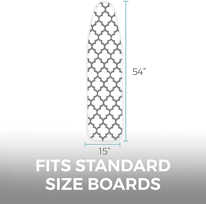 HOME GENIE Ironing Board Cover, Extra Thick Padding, Scorch Resistant Silicone Coating, 15x54 Elastic Edge Heavy Duty Iron Pad Covers Standard Boards, Hook and Loop Fastener Strap, Quatrefoil Gray