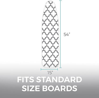 HOME GENIE Ironing Board Cover, Extra Thick Padding, Scorch Resistant Silicone Coating, 15x54 Elastic Edge Heavy Duty Iron Pad Covers Standard Boards, Hook and Loop Fastener Strap, Quatrefoil Gray