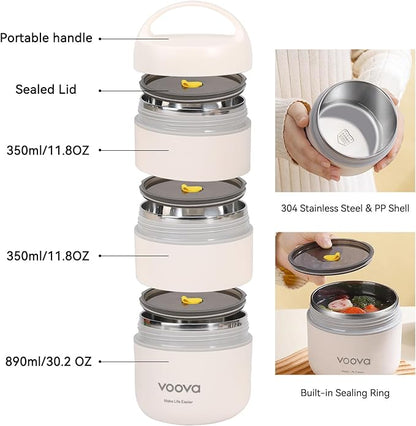 Voova Stackable Stainless Steel Thermal Lunch Box with Lunch Bag and Cultery Set for Adult Women Men, 3 Tier Leakproof & Microwave Safe Insulated Bento Boxes Food Container for Work, Black