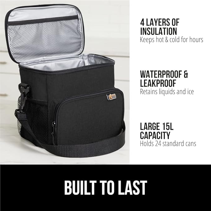 GORILLA GRIP Insulated Lunch Box Bag for Women Men,15L, Leakproof XL Reusable Soft Cooler Bags, Multiple Compartments, Mesh Pockets and Adjustable Strap, Food Tote Keeps Drinks Cold, 13x9, Black