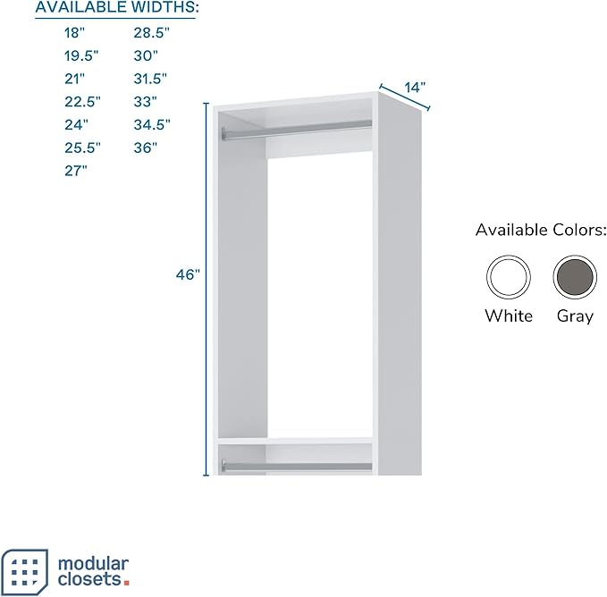 Double Hanging Closet Unit - Modular Closet System For Hanging - Corner Closet System - Closet Organizers And Storage Shelves (White, 28.5 inches Wide) Closet Shelves