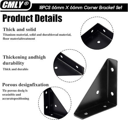 Corner Brace Brackets,18Pcs 66mm x 66mm Corner Braces for Wood, Metal Corner Brackets, Triangle Shelf Bracket, Black Angle Bracket, Corner Desk Connector for Bed, Table, Cabinet