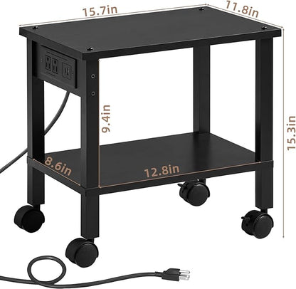 Lerliuo Under Desk Printer Stand with Charging Station, 2 Tier Wooden Small Printer Table with Storage, Rolling Printer Cart Shelf with Lockable Wheels for Home, Office (Black)