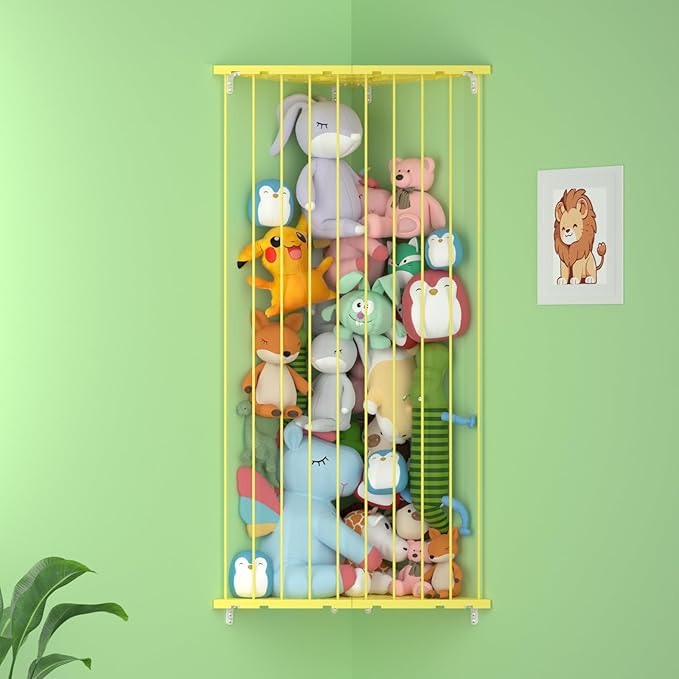 Corner Stuffed Animal Storage Net - Stuffed Animals Holder with Lights - Plush Organizer Hanging Stuffed Animal Hammock for Wall (Yellow, X-Large)