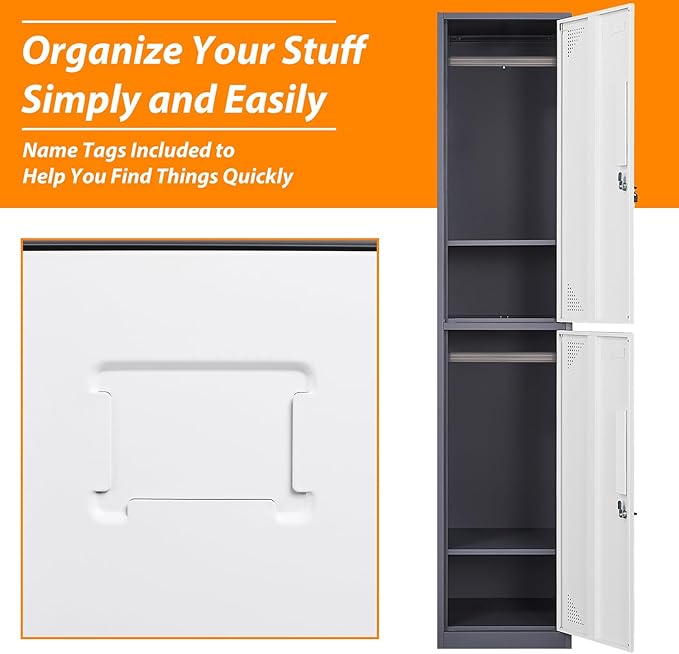 Metal Locker for Home, Dressing Room, 71" Steel Storage Lockers for Employees, Lockable Locker Cabinet with 2 Doors (Grey White)