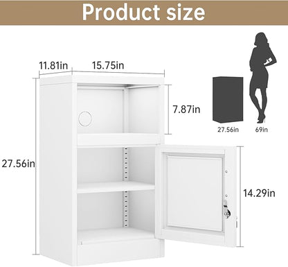 27" Metal Nightstand with Locked Doors, Small Sidetable with 1 Storage Shelf, Storage Cabinet for Bedroom, Metal End Table for Home, Office White
