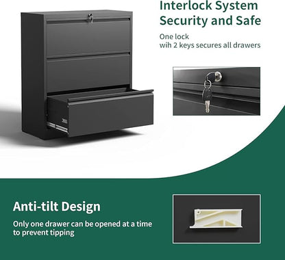 3 Drawer Lateral File Cabinet, Metal File Cabinets for Home Office with Lock, Large Filing Storage Cabinet Printer Stand, Steel Wide File Cabinet for Legal/A4/F4/Letter,Require Assembly,Black