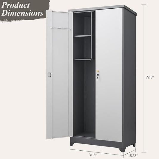 GREATMEET 72.8" Outdoor Broom Storage Cabinet, Metal Storage Cabinets for Cleaning Supplies with Slanted Roof, Waterproof Outdoor Slim Shed,Utility Closet for Broom Mop, Grey&White