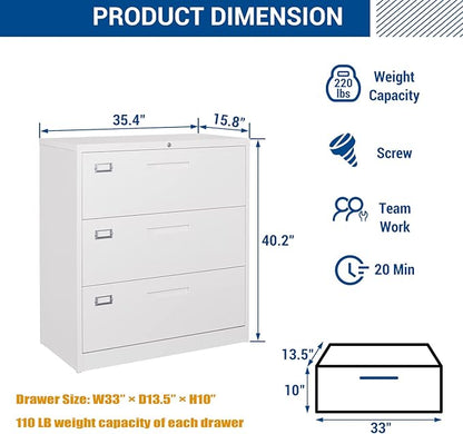 Lateral File Cabinet with Lock, 3 Drawer Large Metal Filing Cabinet,Home Office Lockable Storage Cabinet for Hanging Files Letter/Legal/F4/A4 Size-Assembly Required