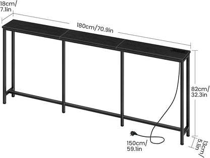 70.9" Narrow Console Table with Power Outlet 7.1" Skinny Sofa Table, Long Behind Couch with Charging Station for Hallway, Living Room Black TXG18UBB