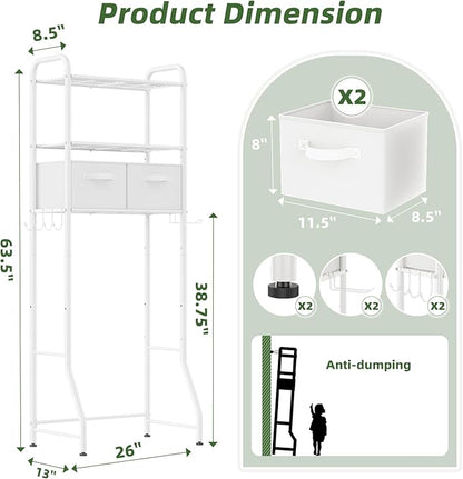 Simple Trending Over The Toilet Storage Rack with Drawers, Metal 3 Tier Bathroom Organizer Shelf with Paper Holder and 3 Hooks, White