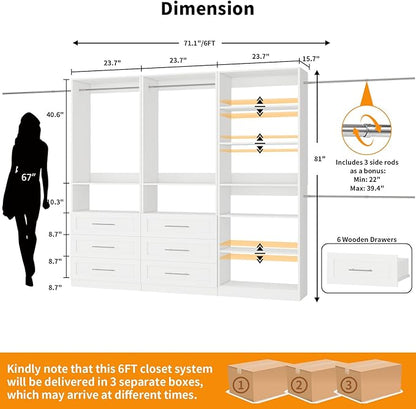 Closet System with 3 Sets, 6FT Closet Organizer Systems with 6 Wooden Drawers 8 Shelves & 4 Hanging Rods, Walk in Closet freestanding Corner Modular Closet Storage System White (6FT)