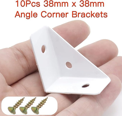 10Pcs White Right Angle Corner Shelf Bracket, 38x38mm Metal Corner Brackets for Wood Desk Bed Cabinet Edge, 1.5x1.5inch 90 Degree Corner Shelf Support Braces, with Mounting Screws