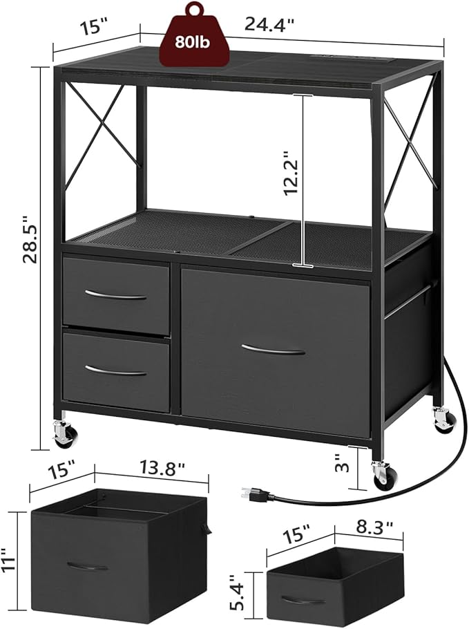 File Cabinet with Charging Station, 3 Drawer Lateral Filing Cabinet for Home Office, Mobile Printer Stand with Open Shelf, Fits A4/Letter Size File, Nonwovens Drawer, Black FCHB98E01