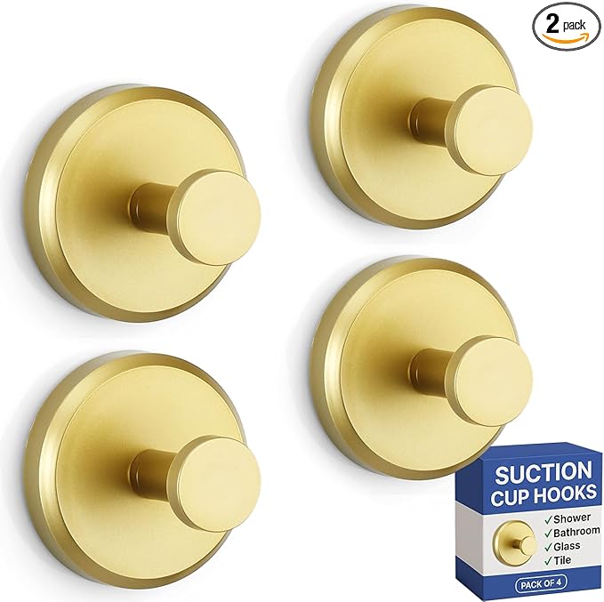 HOME SO Suction Cup Hooks for Shower & Bathroom Towel Holder 4-Pack – Suction Cups Hooks for Hanging Towels, Robes, & Coats - Tiles, Glass Door or Mirror – Shower Hooks & Towel Hooks Organizer - Gold