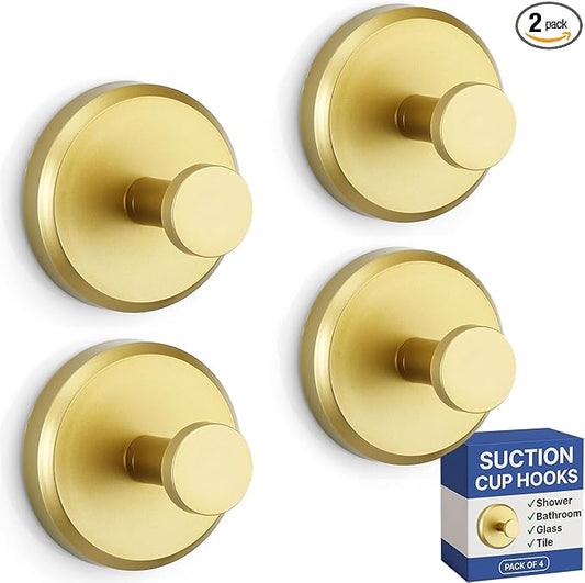 HOME SO Suction Cup Hooks for Shower & Bathroom Towel Holder 4-Pack – Suction Cups Hooks for Hanging Towels, Robes, & Coats - Tiles, Glass Door or Mirror – Shower Hooks & Towel Hooks Organizer - Gold