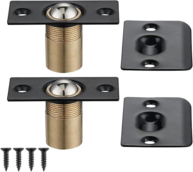 JQK Closet Door Ball Catch Hardware, Stainless Steel Catch Adjustable with Strike Plate, Black Finish 2 Pack, HBC100-BK-P2