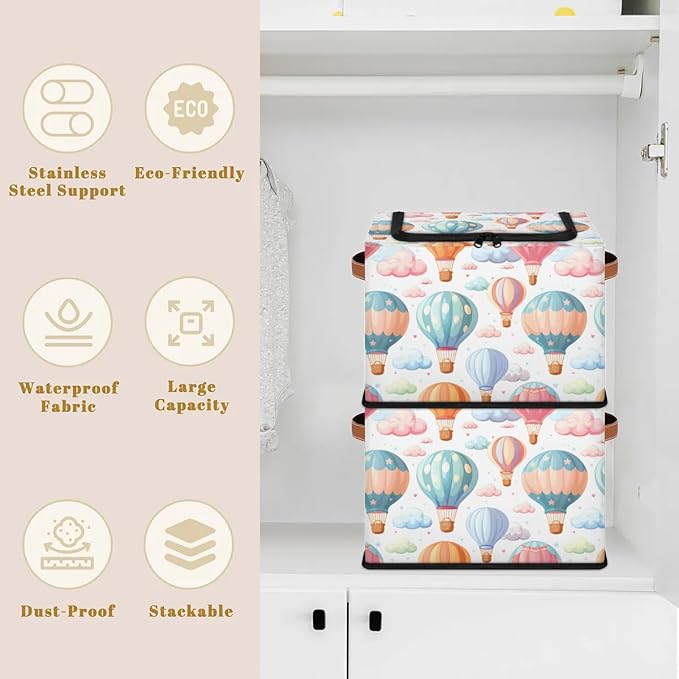 Colorful Hot Balloon Storage Bins with Zipper Lid, Collapsible Fabric Storage Basket with Leather Handles Closet Shelf Cloth Organizer Basket for Nursery Bedroom Clothes Toy