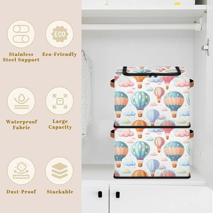 Colorful Hot Balloon Storage Bins with Zipper Lid, Collapsible Fabric Storage Basket with Leather Handles Closet Shelf Cloth Organizer Basket for Nursery Bedroom Clothes Toy
