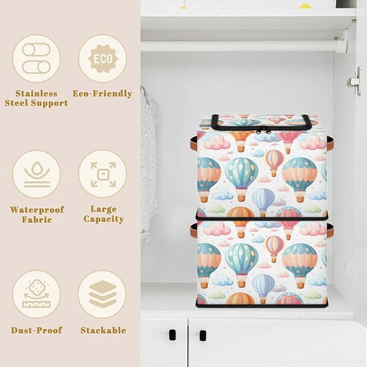 Colorful Hot Balloon Storage Bins with Zipper Lid, Collapsible Fabric Storage Basket with Leather Handles Closet Shelf Cloth Organizer Basket for Nursery Bedroom Clothes Toy
