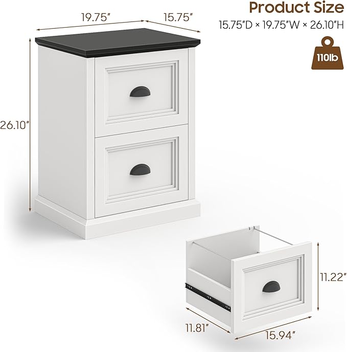 Vertical File Cabinet, Filing Cabinet with 2 File Drawers, Farmhouse Small File Cabinet Fits Letter/A4 Size, Wooden Printer Stand, Under Desk Cabinets for Home Office, White and Black