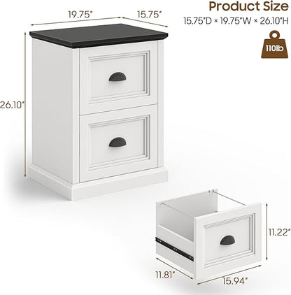 Vertical File Cabinet, Filing Cabinet with 2 File Drawers, Farmhouse Small File Cabinet Fits Letter/A4 Size, Wooden Printer Stand, Under Desk Cabinets for Home Office, White and Black