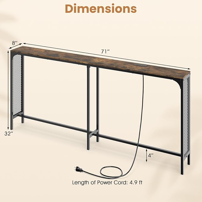 Giantex 71" Narrow Console Table with 2 Power Outlets and USB-C Ports, Sofa Tables with Charging Station & Metal Frame, Skinny Behind Couch Tables, Long Entrway Tables for Living Room, Rustic Brown