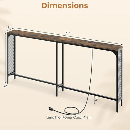 Giantex 71" Narrow Console Table with 2 Power Outlets and USB-C Ports, Sofa Tables with Charging Station & Metal Frame, Skinny Behind Couch Tables, Long Entrway Tables for Living Room, Rustic Brown
