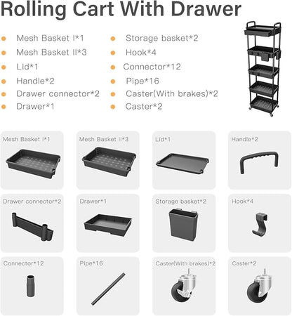 5 Tier Rolling Cart Organizer,Bathroom Cart Organizers with Wheels Laundry Room Organization Mobile Shelving Unit Utility Cart Storage Shelves Multi-Functional for Office, Home(Black)