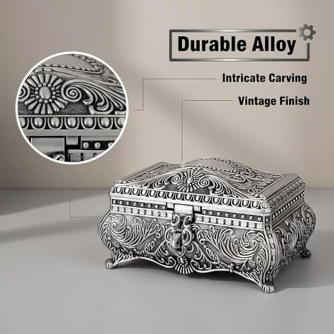 Feyarl Vintage Jewelry Trinket Box Earring Ring Treasure Chest Case Necklace Organizer Storage Decorative Keepsake Box for Girl Woman Christmas Gift Home Deco(6.7 x 4.7 x 3.5 inch)