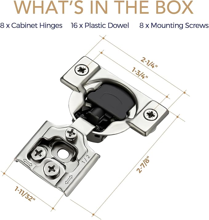 8 Pack 4 Pairs 1/2 inch Overlay Soft Close Hinges for Kitchen Cabinet Hinges Satin Nickel Hidden Hinges Stainless Steel Concealed Hinge self Closing