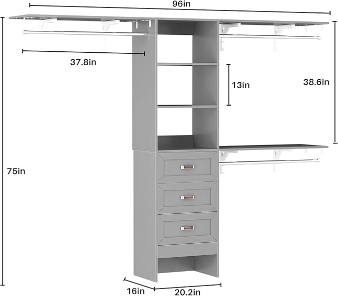 8FT Closet System with 3 Curved Drawers, 96'' Wooden Walk-in Closet Organizer with 3 Top Shelves, Adjustable Organizer System with 3 Hanging Rods, Built-in Wardrobe Storage Rack for 4-8 ft, Grey