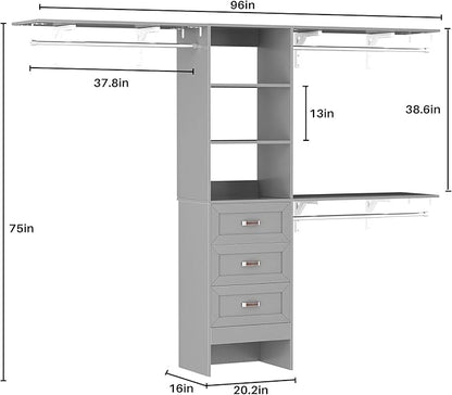 8FT Closet System with 3 Curved Drawers, 96'' Wooden Walk-in Closet Organizer with 3 Top Shelves, Adjustable Organizer System with 3 Hanging Rods, Built-in Wardrobe Storage Rack for 4-8 ft, Grey