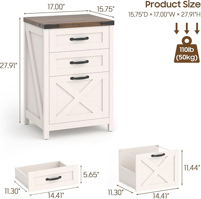 3 Drawer Small File Cabinet, Farmhouse Vertical Filing Cabinet Fits Letter and A4 Size, Under Desk Wooden File Cabinets for Home Office, Printer Stand, Rustic White
