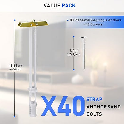 Drywall Anchor with Included Bolts for 1/4”-20, Heavy Duty Hollow Drywall Anchors for TV Mounting Kit, Strong Hollow Wall Anchors Holds up to 270lbs Each in 1/2” Drywall,40 Packs