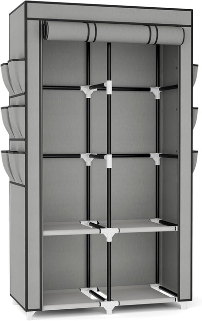 VTRIN Portable Closet Wardrobe for Hanging Clothes with 4 Storage Shelves, 2 Hanging Rods and 6 Pockets, Stable and Easy Assembly Clothes Rack with Cover Free Standing Closet for Bedroom, Grey