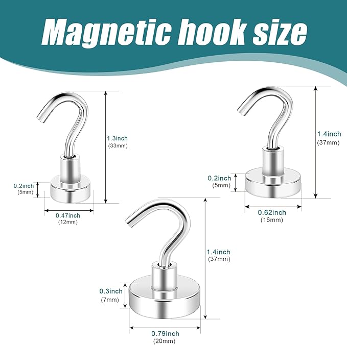 MAGXCENE 50 Pcs Magnetic Hooks Heavy Duty, 3 Different Size Strong Rare Earth Magnet Hooks for Hanging, Refrigerator, Neodymium Magnets with Hooks for Grill Kitchen Tool Storage