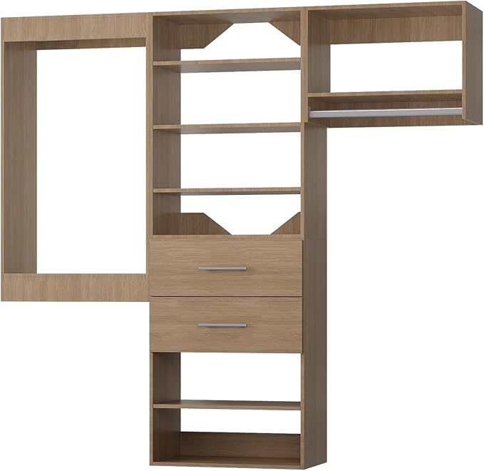 ROOMTEC Modular Closet System, 66" Wall Mounted Modern Closet Organizer with Hanging Rods and Drawers, Wooden Tower for Walk-In Closets, Wardrobe Storage Kit, Wood