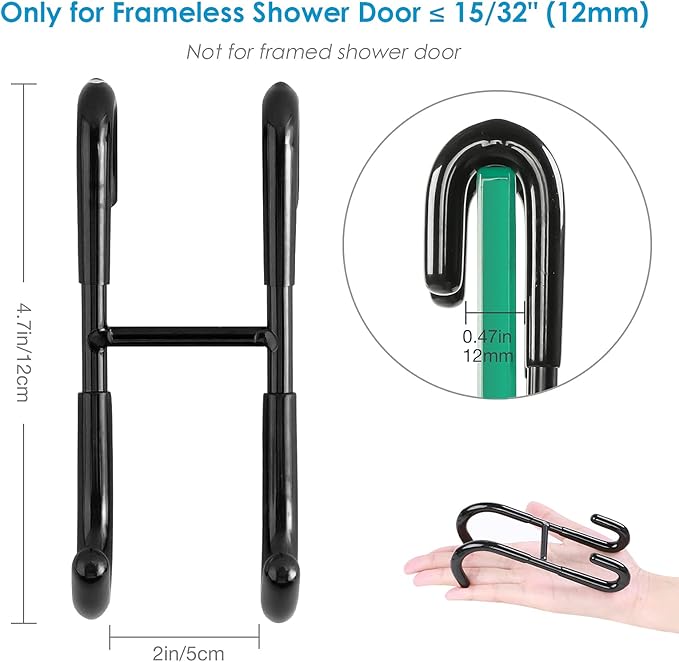 Simtive Shower Door Hooks (2-Pack), Towel Hooks for Bathroom Frameless Glass Squeegee Hooks, Black