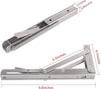 YUMORE Folding Shelf Brackets 10", Max Load: 330lb Heavy Duty Stainless Steel Collapsible Shelf Bracket for Table Work Bench, Space Saving DIY Bracket, Pack of 2