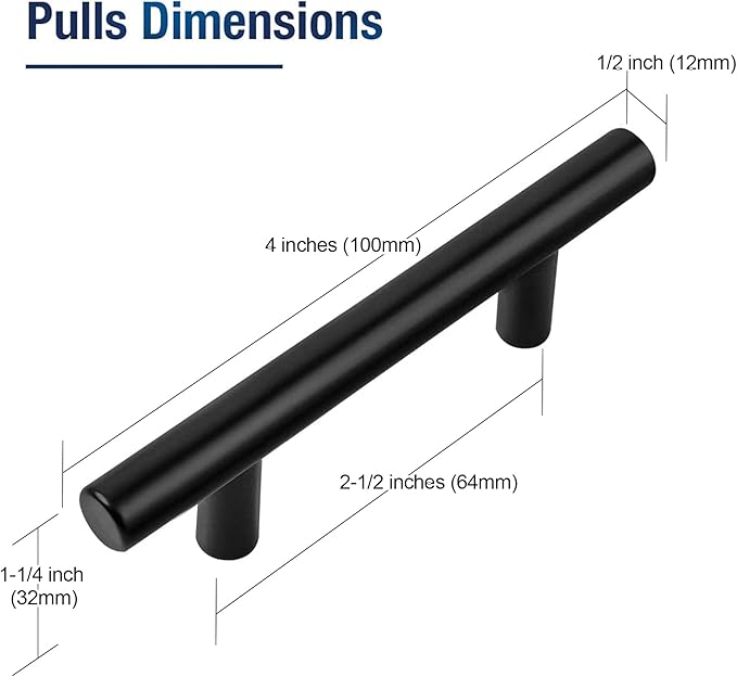 JOY DECOR 60 Pack 4 Inch Cabinet Pulls Kitchen Cabinet Handles with 2-1/2 Inch Hole Center Matte Black Cabinet Hardware Stainless Steel Kitchen Drawer Pulls for Cabinets Cupboard, 64mm Hole Centers