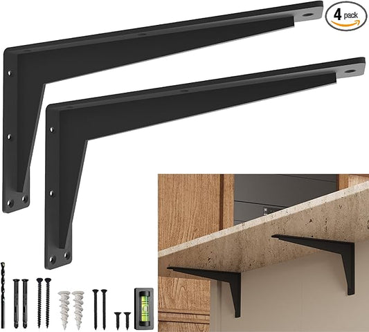 2 Pack Heavy Duty Shelf Brackets 20 Inch Mantel Decorative L Bracket for Shelves, Metal Shelf Support Bracket, Wall Mounted Granite Countertop Iron Corbels, Floating Black Shelving Brackets