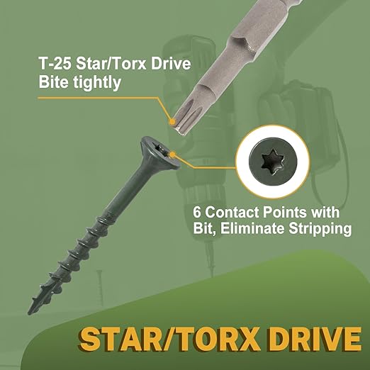 LIONMAX Deck Screws 5 Inch, Wood Screws #10 x 5, 50 PCS, Rust Resistant, Exterior Epoxy Coated, Outdoor Decking Screws, Torx/Star Drive Head Screw, T25 Star Bit Included, Green