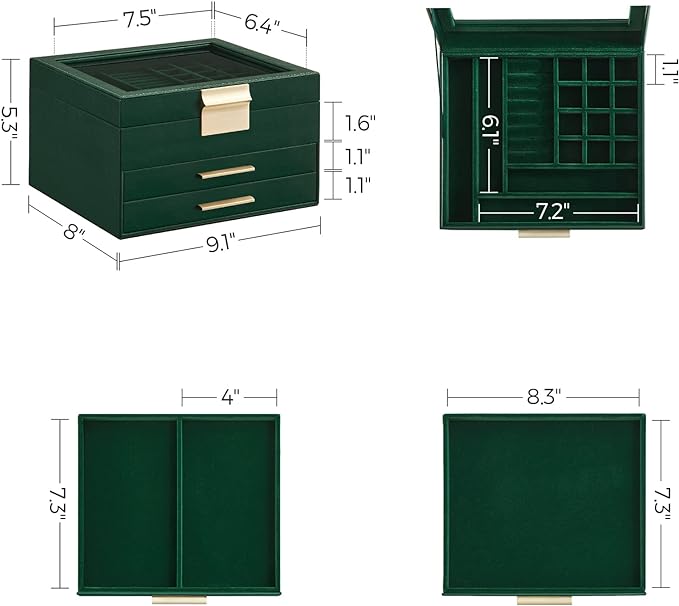 SONGMICS GISELLA Collection - Jewelry Box Organizer, 3-Layer Jewelry Storage with 2 Drawers, Shiny Metal Hardware, Glass Lid, Modern, 8 x 9.1 x 5.3 Inches, Forest Green and Gold Color UJBC239C01