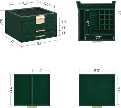 SONGMICS GISELLA Collection - Jewelry Box Organizer, 3-Layer Jewelry Storage with 2 Drawers, Shiny Metal Hardware, Glass Lid, Modern, 8 x 9.1 x 5.3 Inches, Forest Green and Gold Color UJBC239C01