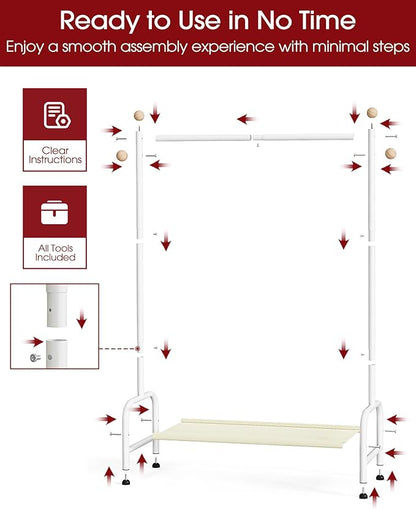 Clothes Rack - Sturdy Metal Kids Clothing Rack with Bottom Storage Shelf & Adjustable Feet, Dress Up Storage for Toddler's Bedrooms, Nurseries, Playrooms, 31" x 12.5" x 47.8", White