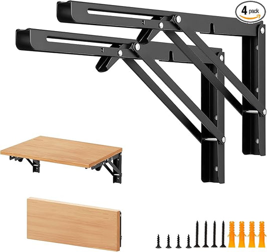 Home Expert 14 Inch Folding Shelf Brackets, 4 Pack (2 Pairs) Heavy Duty Metal Collapsible Wall-Mounted Brackets, Space-Saving DIY Foldable Shelf for Benches and Tables, Matte Black